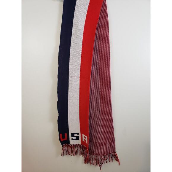 ()4) VTG Knitmakers USA Knit Scarf 80" Red, White & Blue Stripe Fringe Patriotic - Picture 3 of 7